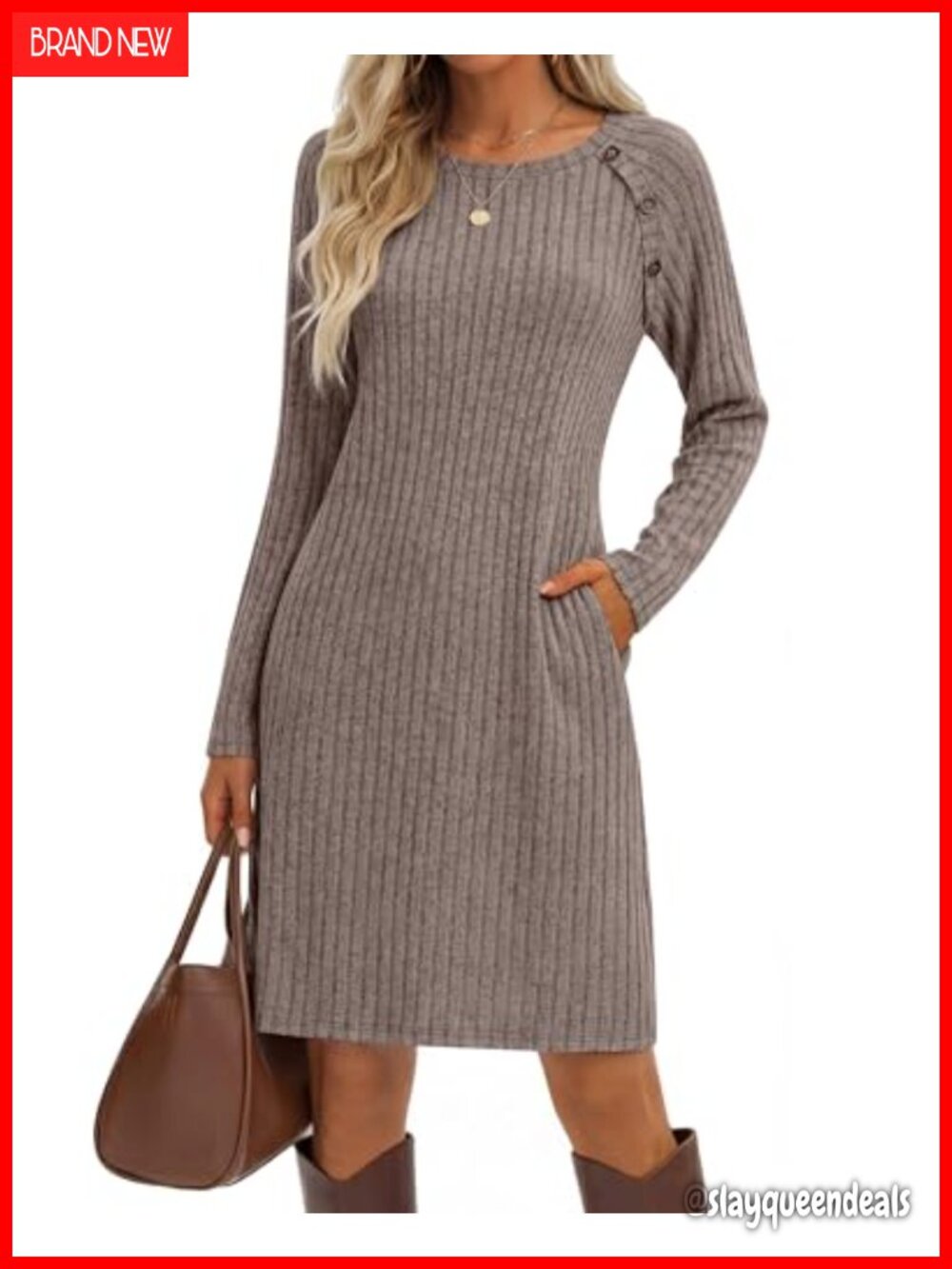 Women's Long Sleeve Sweater Dress Crew Neck Button Pockets Loose Fit Casual Knit